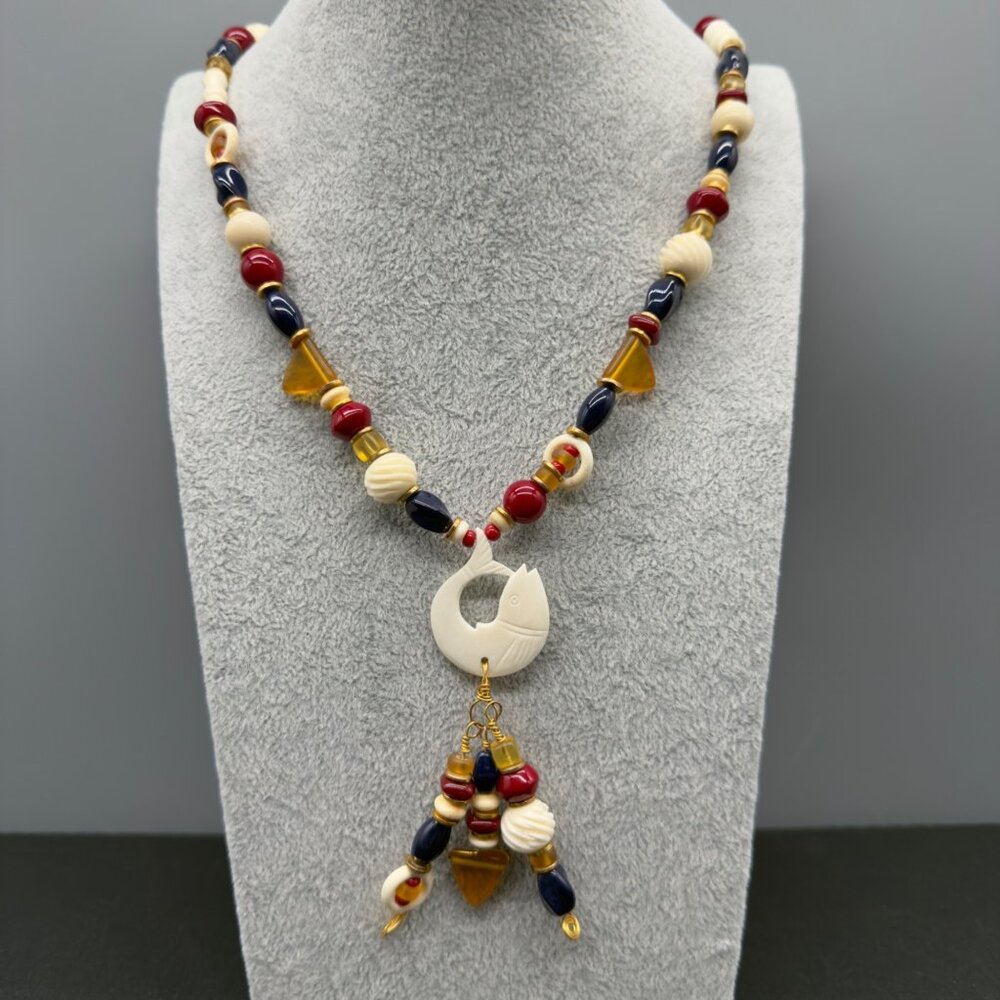 Artisan Glass Stone Beaded Necklace Carved Fish Pendant Boho Dangle Nautical